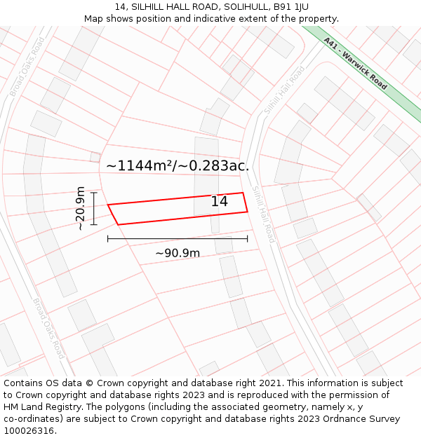 14, SILHILL HALL ROAD, SOLIHULL, B91 1JU: Plot and title map