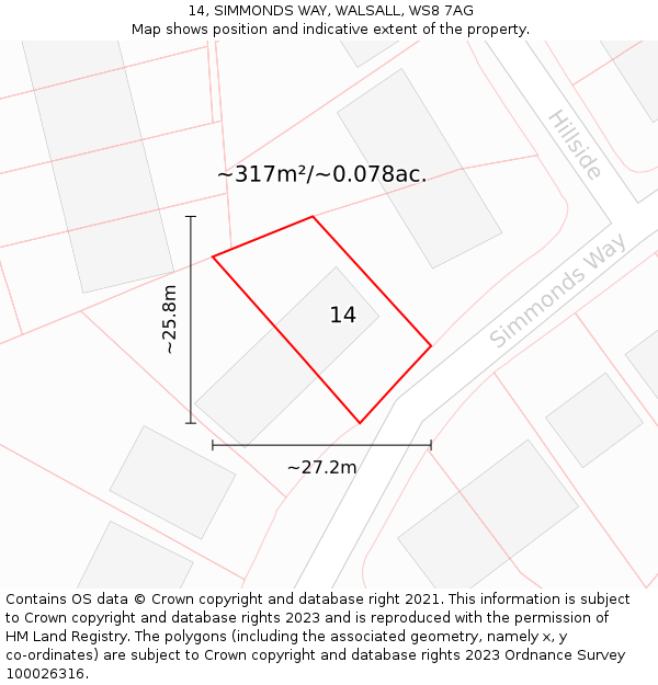 14, SIMMONDS WAY, WALSALL, WS8 7AG: Plot and title map