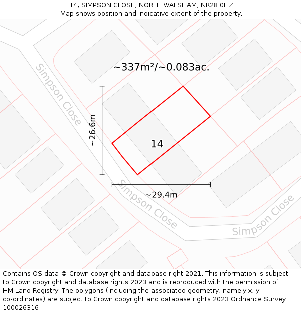 14, SIMPSON CLOSE, NORTH WALSHAM, NR28 0HZ: Plot and title map