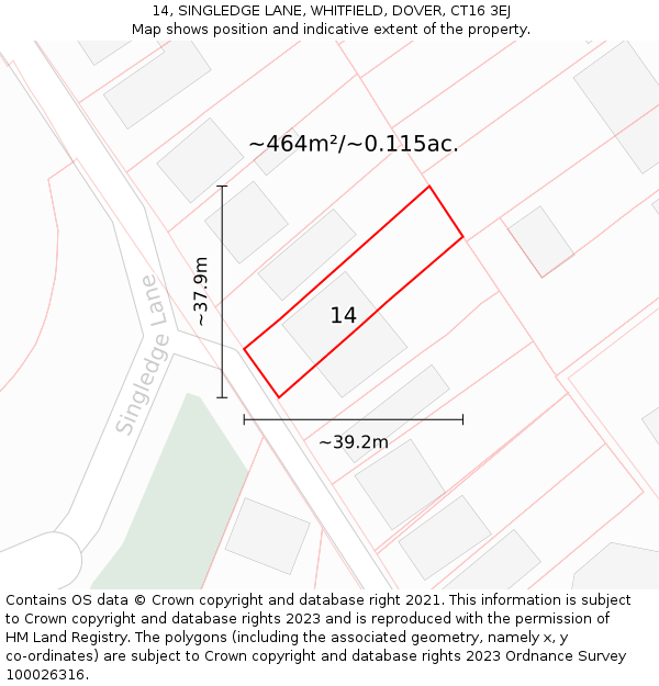 14, SINGLEDGE LANE, WHITFIELD, DOVER, CT16 3EJ: Plot and title map