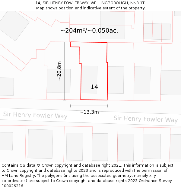 14, SIR HENRY FOWLER WAY, WELLINGBOROUGH, NN8 1TL: Plot and title map