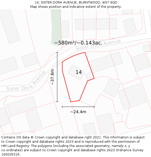 14, SISTER DORA AVENUE, BURNTWOOD, WS7 9QD: Plot and title map