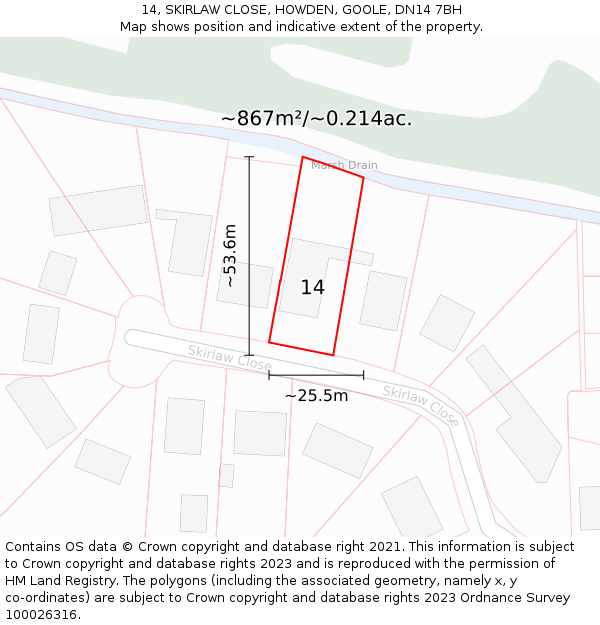 14, SKIRLAW CLOSE, HOWDEN, GOOLE, DN14 7BH: Plot and title map