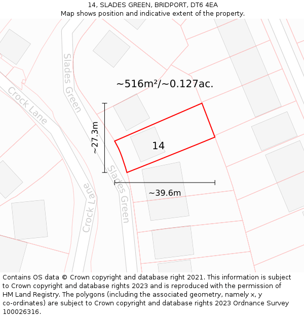 14, SLADES GREEN, BRIDPORT, DT6 4EA: Plot and title map