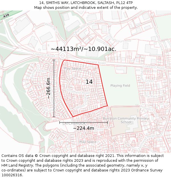 14, SMITHS WAY, LATCHBROOK, SALTASH, PL12 4TP: Plot and title map