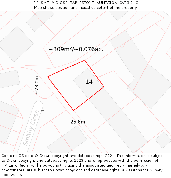 14, SMITHY CLOSE, BARLESTONE, NUNEATON, CV13 0HG: Plot and title map