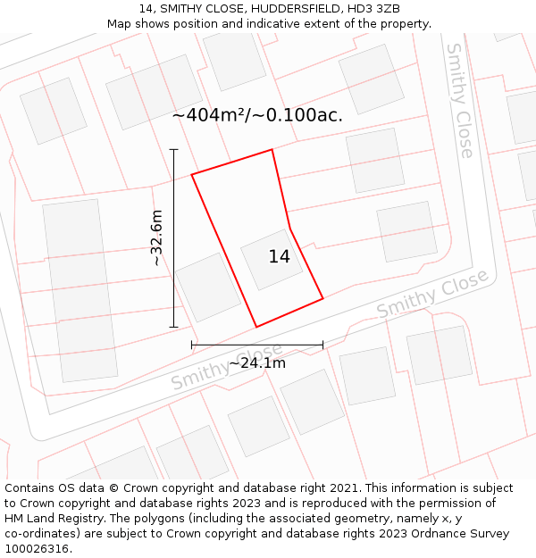 14, SMITHY CLOSE, HUDDERSFIELD, HD3 3ZB: Plot and title map