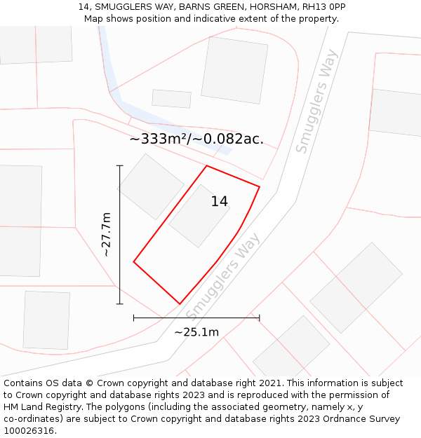 14, SMUGGLERS WAY, BARNS GREEN, HORSHAM, RH13 0PP: Plot and title map