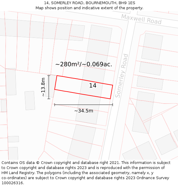 14, SOMERLEY ROAD, BOURNEMOUTH, BH9 1ES: Plot and title map