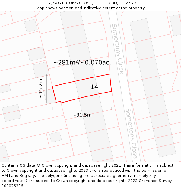 14, SOMERTONS CLOSE, GUILDFORD, GU2 9YB: Plot and title map