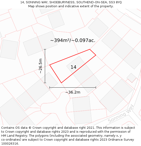 14, SONNING WAY, SHOEBURYNESS, SOUTHEND-ON-SEA, SS3 8YQ: Plot and title map