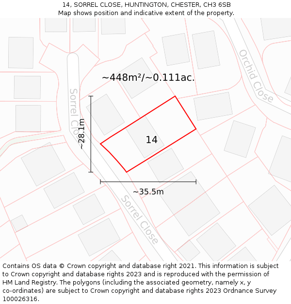 14, SORREL CLOSE, HUNTINGTON, CHESTER, CH3 6SB: Plot and title map