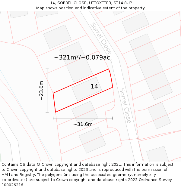14, SORREL CLOSE, UTTOXETER, ST14 8UP: Plot and title map