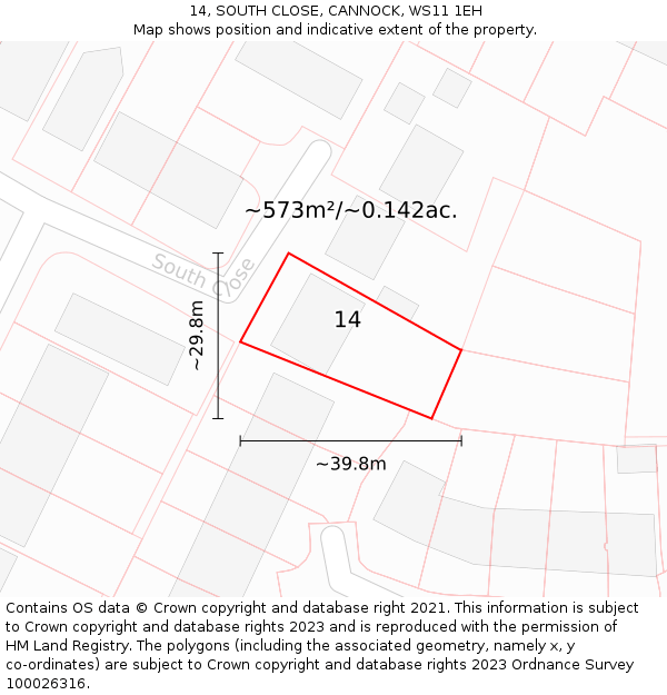 14, SOUTH CLOSE, CANNOCK, WS11 1EH: Plot and title map