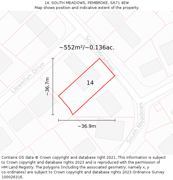 14, SOUTH MEADOWS, PEMBROKE, SA71 4EW: Plot and title map
