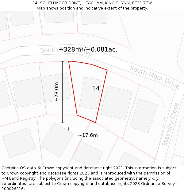 14, SOUTH MOOR DRIVE, HEACHAM, KING'S LYNN, PE31 7BW: Plot and title map