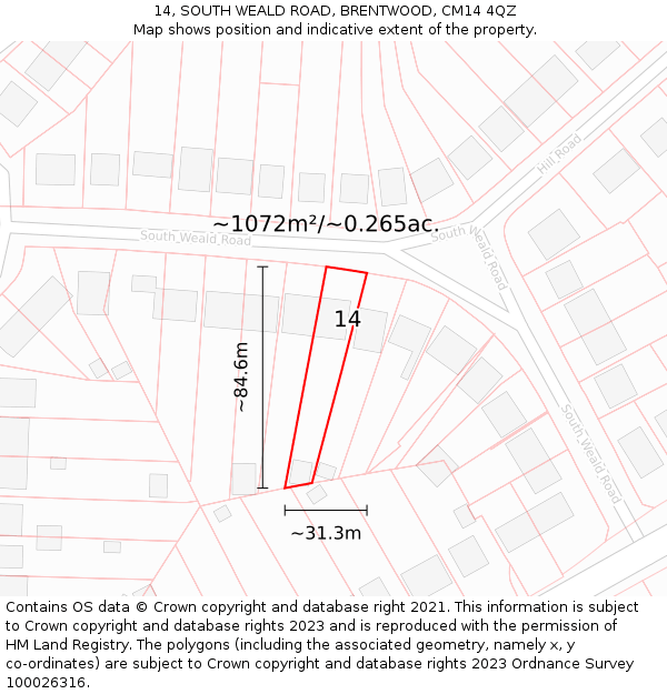 14, SOUTH WEALD ROAD, BRENTWOOD, CM14 4QZ: Plot and title map