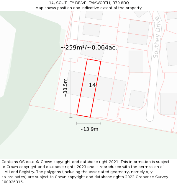 14, SOUTHEY DRIVE, TAMWORTH, B79 8BQ: Plot and title map
