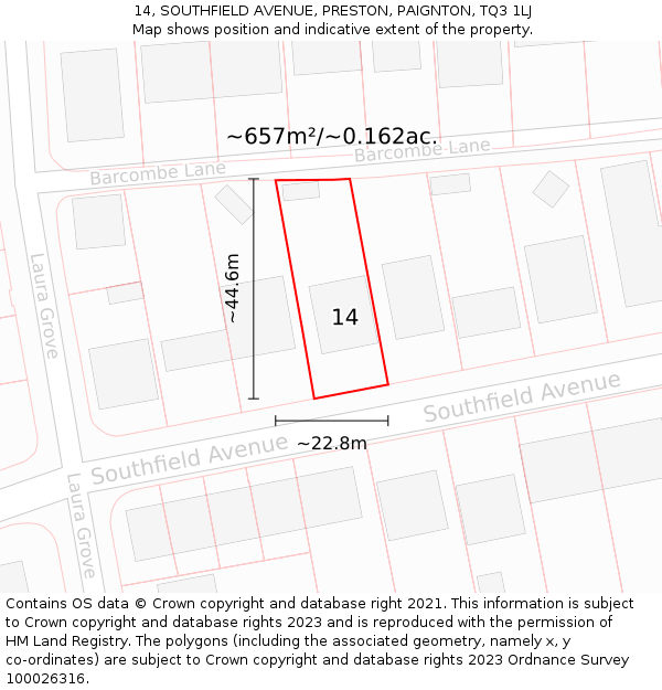 14, SOUTHFIELD AVENUE, PRESTON, PAIGNTON, TQ3 1LJ: Plot and title map
