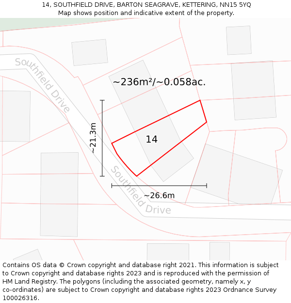 14, SOUTHFIELD DRIVE, BARTON SEAGRAVE, KETTERING, NN15 5YQ: Plot and title map