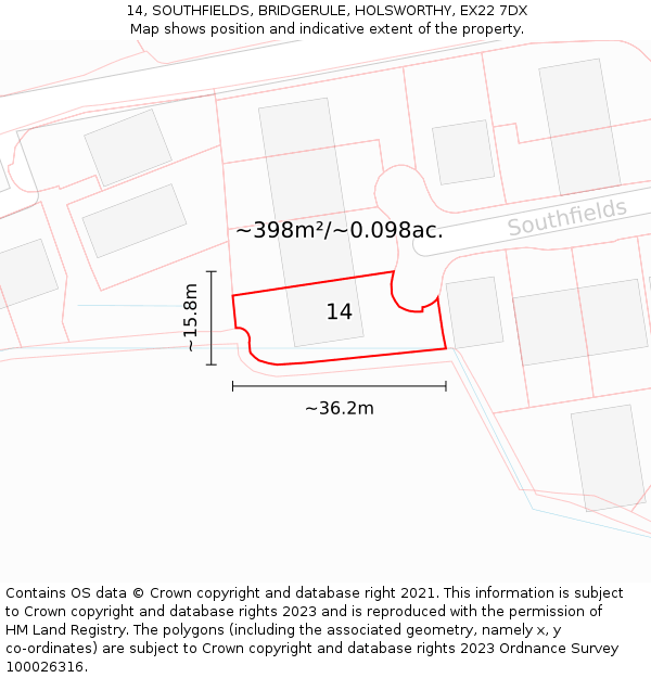 14, SOUTHFIELDS, BRIDGERULE, HOLSWORTHY, EX22 7DX: Plot and title map