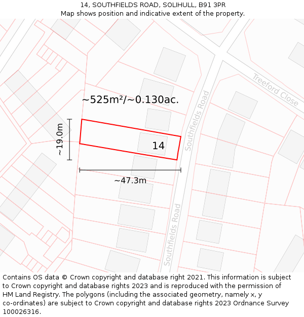 14, SOUTHFIELDS ROAD, SOLIHULL, B91 3PR: Plot and title map