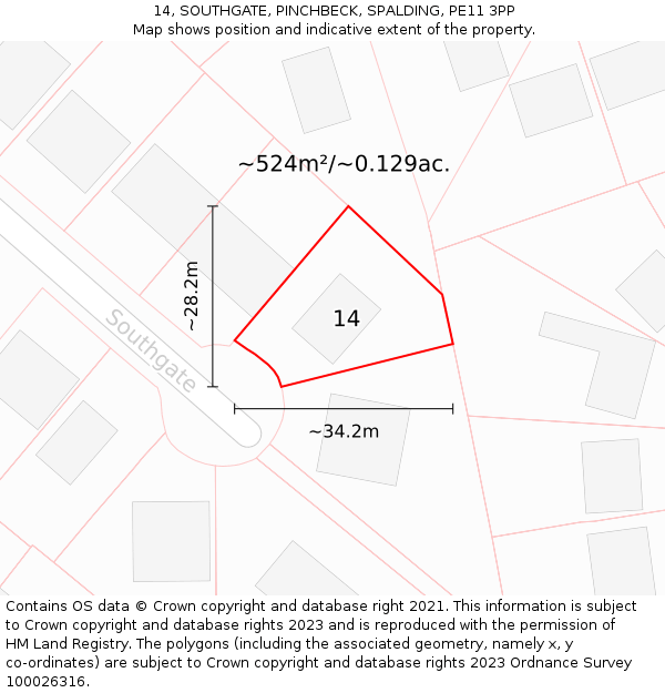 14, SOUTHGATE, PINCHBECK, SPALDING, PE11 3PP: Plot and title map