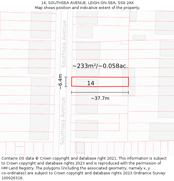 14, SOUTHSEA AVENUE, LEIGH-ON-SEA, SS9 2AX: Plot and title map
