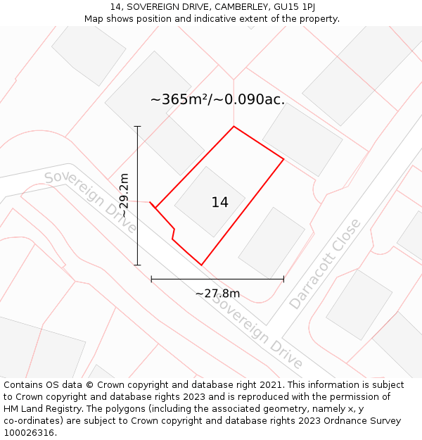 14, SOVEREIGN DRIVE, CAMBERLEY, GU15 1PJ: Plot and title map