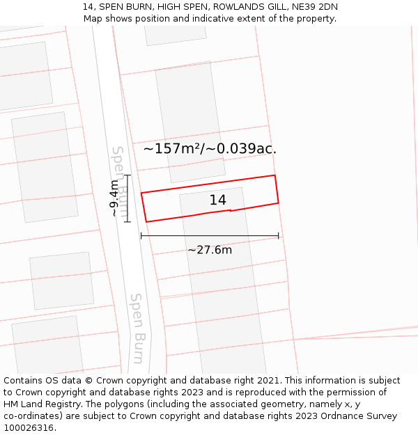 14, SPEN BURN, HIGH SPEN, ROWLANDS GILL, NE39 2DN: Plot and title map