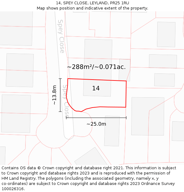 14, SPEY CLOSE, LEYLAND, PR25 1RU: Plot and title map