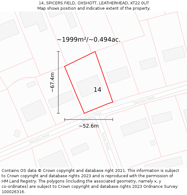 14, SPICERS FIELD, OXSHOTT, LEATHERHEAD, KT22 0UT: Plot and title map