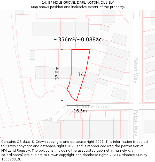 14, SPINDLE GROVE, DARLINGTON, DL1 1LY: Plot and title map