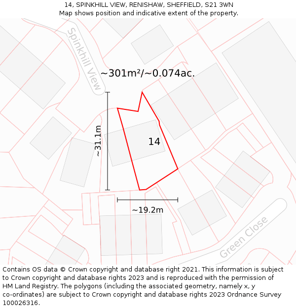 14, SPINKHILL VIEW, RENISHAW, SHEFFIELD, S21 3WN: Plot and title map