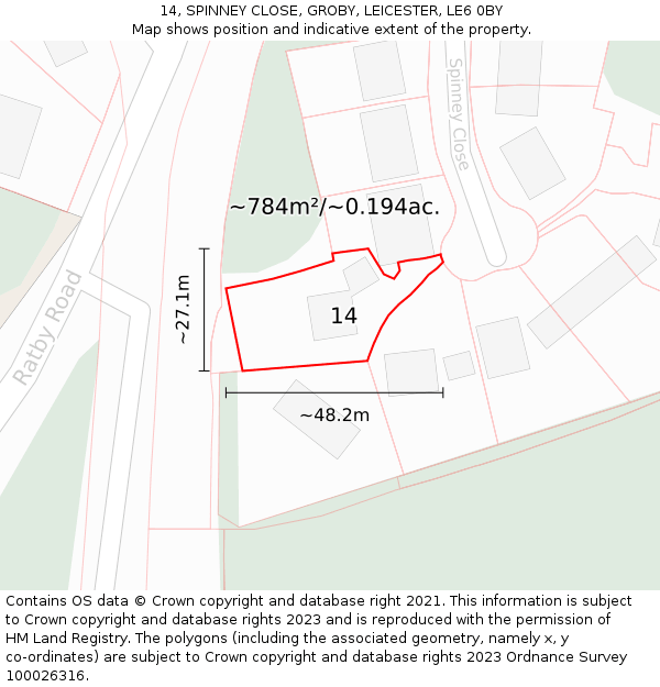 14, SPINNEY CLOSE, GROBY, LEICESTER, LE6 0BY: Plot and title map