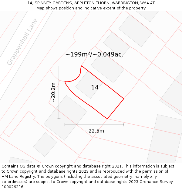 14, SPINNEY GARDENS, APPLETON THORN, WARRINGTON, WA4 4TJ: Plot and title map