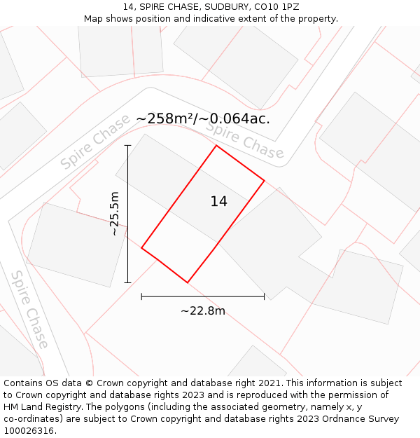 14, SPIRE CHASE, SUDBURY, CO10 1PZ: Plot and title map