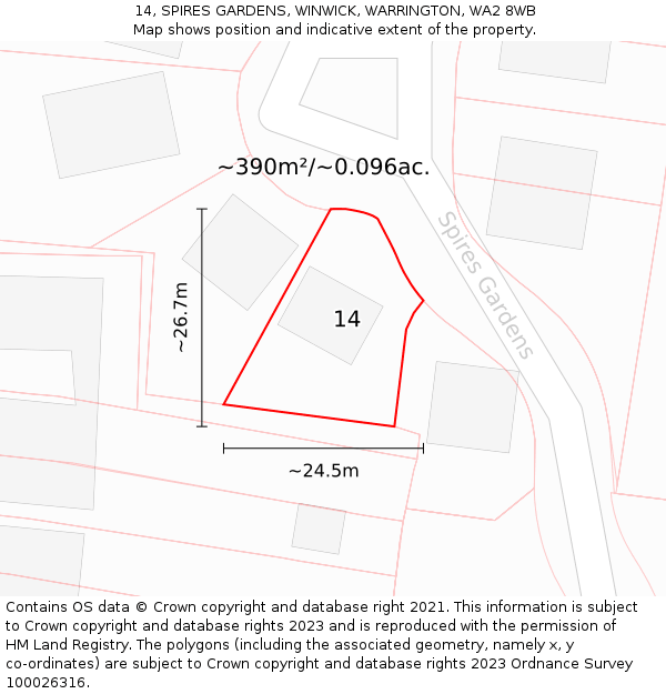 14, SPIRES GARDENS, WINWICK, WARRINGTON, WA2 8WB: Plot and title map
