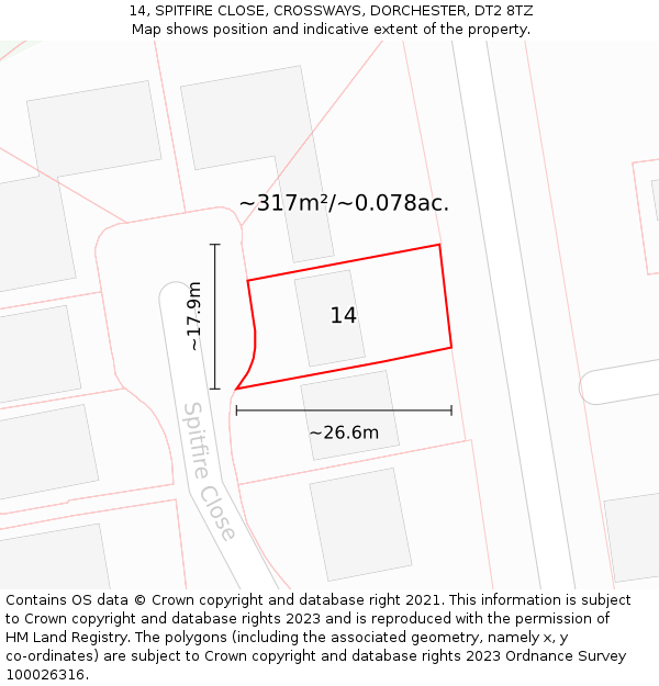 14, SPITFIRE CLOSE, CROSSWAYS, DORCHESTER, DT2 8TZ: Plot and title map