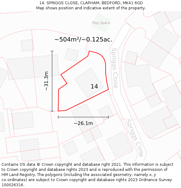 14, SPRIGGS CLOSE, CLAPHAM, BEDFORD, MK41 6GD: Plot and title map