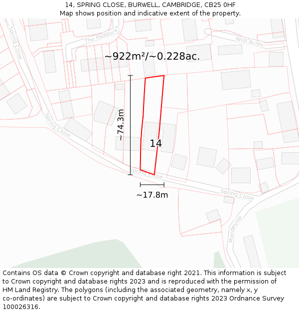 14, SPRING CLOSE, BURWELL, CAMBRIDGE, CB25 0HF: Plot and title map