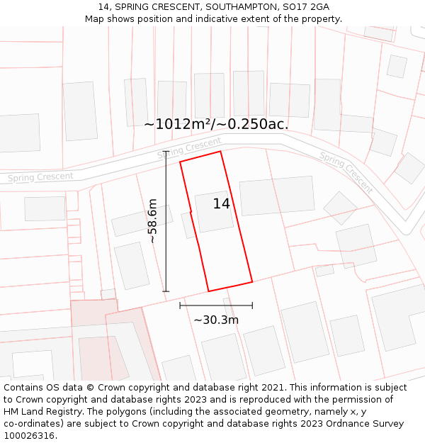 14, SPRING CRESCENT, SOUTHAMPTON, SO17 2GA: Plot and title map