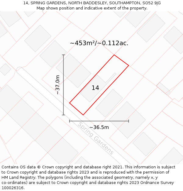 14, SPRING GARDENS, NORTH BADDESLEY, SOUTHAMPTON, SO52 9JG: Plot and title map