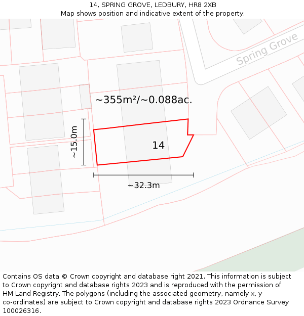 14, SPRING GROVE, LEDBURY, HR8 2XB: Plot and title map