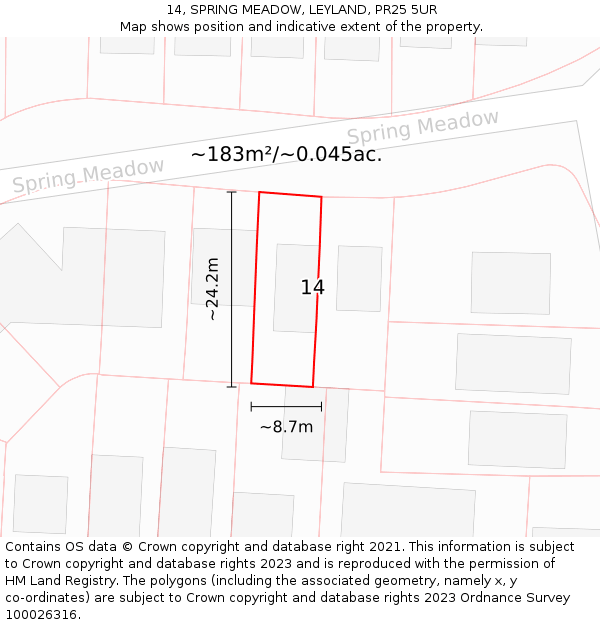 14, SPRING MEADOW, LEYLAND, PR25 5UR: Plot and title map