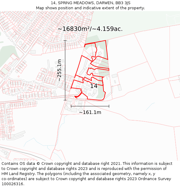 14, SPRING MEADOWS, DARWEN, BB3 3JS: Plot and title map