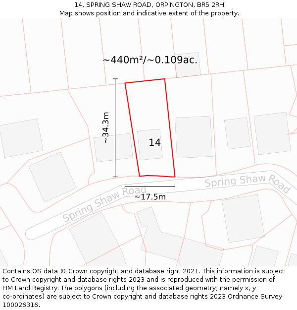 14, SPRING SHAW ROAD, ORPINGTON, BR5 2RH: Plot and title map