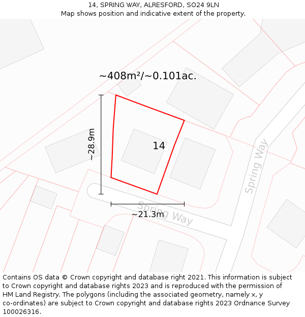 14, SPRING WAY, ALRESFORD, SO24 9LN: Plot and title map