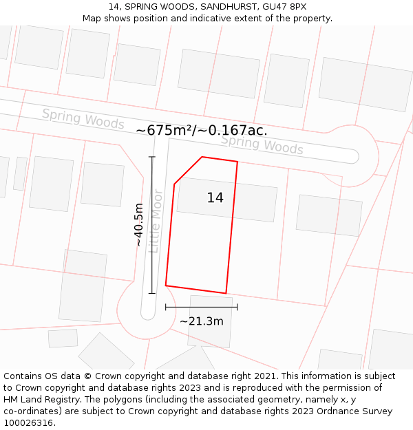 14, SPRING WOODS, SANDHURST, GU47 8PX: Plot and title map