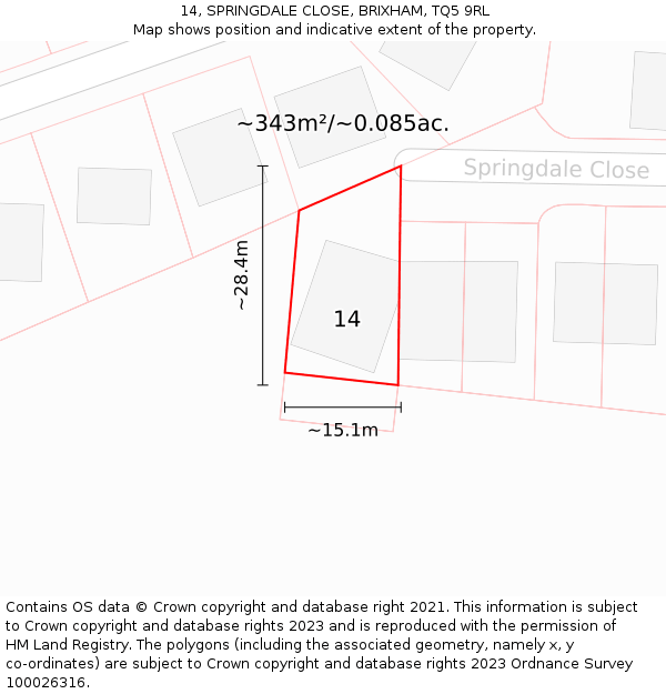 14, SPRINGDALE CLOSE, BRIXHAM, TQ5 9RL: Plot and title map